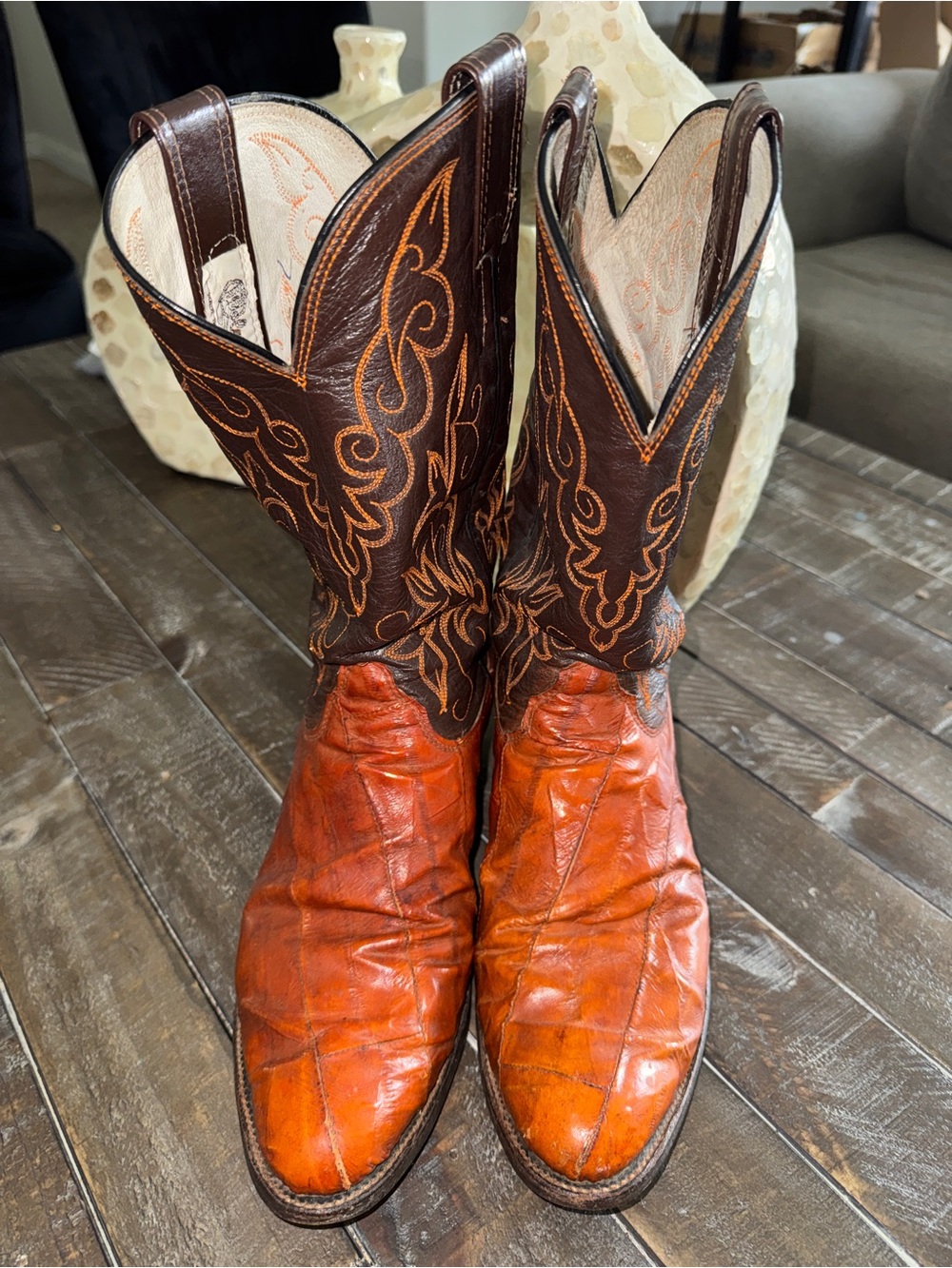 MEN 8 1/2D Rust Orange & Dark Brown EXOTIC EEL Western Cowboy Boots
